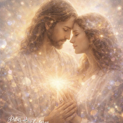 Jesús y María Magdalena en una imagen simbólica de unión espiritual donde el amor y el dolor se encuentran